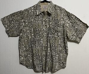 Bugle Boy Company Men's L Beige/Black/White Geometric Short Sleeve Button-Up